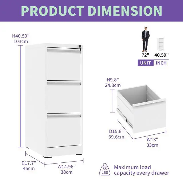 Alt view image 3 of 7 - 3 Drawer Metal Vertical File Cabinet with Lock Office Home Steel Vertical File Cabinet for A4 Legal/Letter Size3