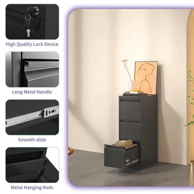 Alt view image 6 of 7 - 3 Drawer Metal Vertical File Cabinet with Lock Office Home Steel Vertical File Cabinet for A4 Legal/Letter Size
