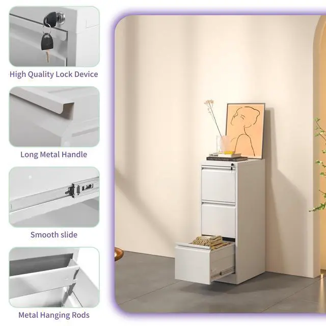 Alt view image 7 of 7 - 3 Drawer Metal Vertical File Cabinet with Lock Office Home Steel Vertical File Cabinet for A4 Legal/Letter Size3