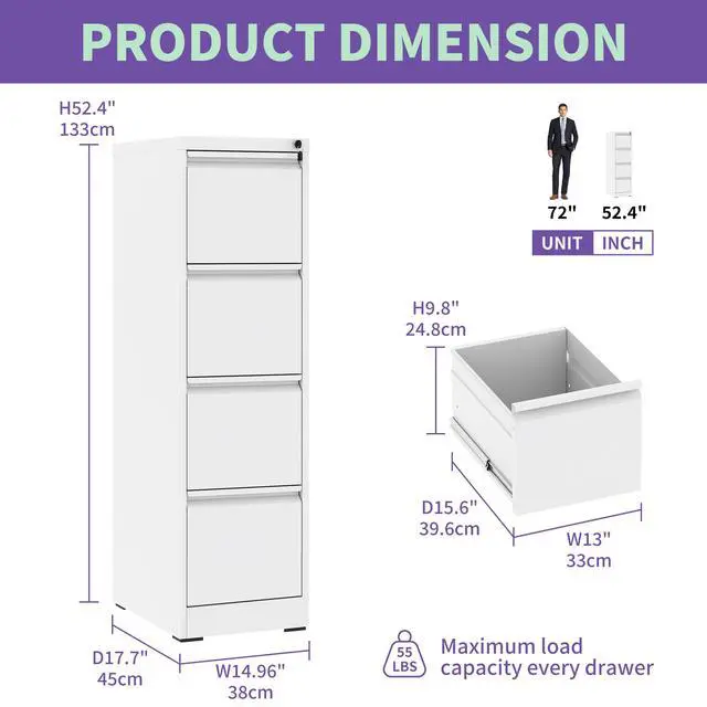 Alt view image 3 of 7 - 4 Drawer Metal Vertical File Cabinet with Lock Office Home Steel Vertical File Cabinet for A4 Legal/Letter Size