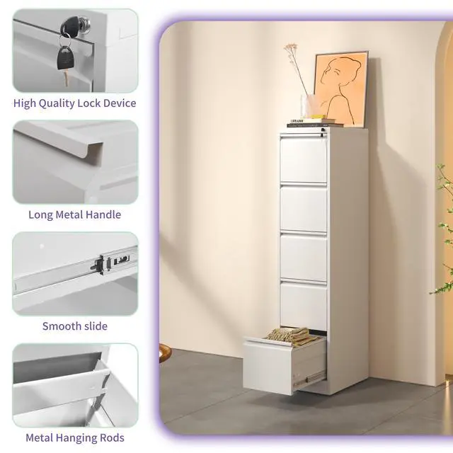 Alt view image 7 of 7 - 5 Drawer Metal Vertical File Cabinet with Lock Office Home Steel Vertical File Cabinet for A4 Legal/Letter Size