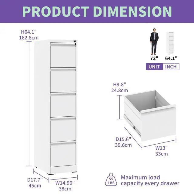 Alt view image 3 of 7 - 5 Drawer Metal Vertical File Cabinet with Lock Office Home Steel Vertical File Cabinet for A4 Legal/Letter Size
