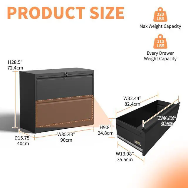 Alt view image 3 of 7 - Lateral File Cabinet 2 Drawer, Black Filing Cabinet with Lock, Lockable File Cabinet for Home Office, Locking Metal File Cabinet for Legal/Letter/A4/F4 Size