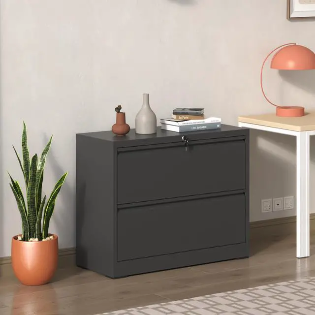 Alt view image 2 of 7 - Lateral File Cabinet 2 Drawer, Black Filing Cabinet with Lock, Lockable File Cabinet for Home Office, Locking Metal File Cabinet for Legal/Letter/A4/F4 Size