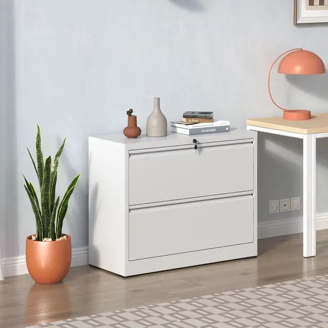 Alt view image 2 of 7 - Lateral File Cabinet 2 Drawer, White Filing Cabinet with Lock, Lockable File Cabinet for Home Office, Locking Metal File Cabinet for Legal/Letter/A4/F4 Size