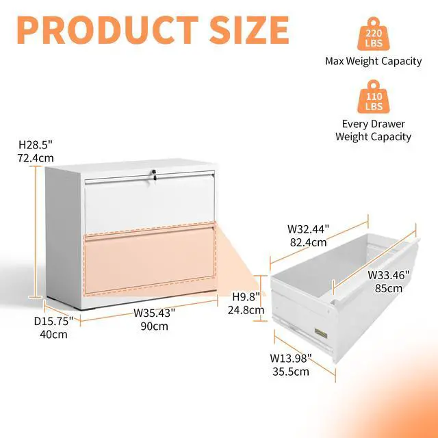 Alt view image 3 of 7 - Lateral File Cabinet 2 Drawer, White Filing Cabinet with Lock, Lockable File Cabinet for Home Office, Locking Metal File Cabinet for Legal/Letter/A4/F4 Size