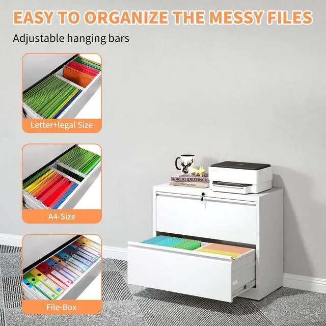Alt view image 5 of 7 - Lateral File Cabinet 2 Drawer, White Filing Cabinet with Lock, Lockable File Cabinet for Home Office, Locking Metal File Cabinet for Legal/Letter/A4/F4 Size