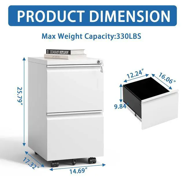 Alt view image 3 of 7 - 2 Drawer Metal Mobile File Cabinet, Rolling File Cabinet with Lock for Hanging Legal/Letter/A4 Size,Fully Assembled Except Wheels