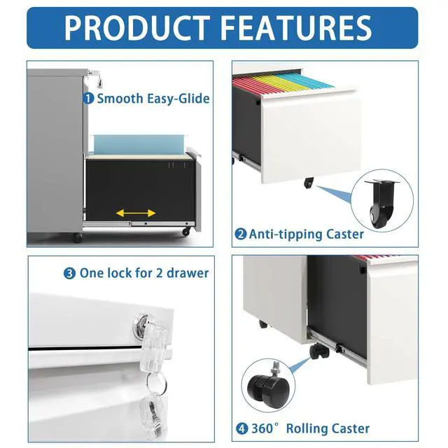 Alt view image 6 of 7 - 2 Drawer Metal Mobile File Cabinet, Rolling File Cabinet with Lock for Hanging Legal/Letter/A4 Size,Fully Assembled Except Wheels