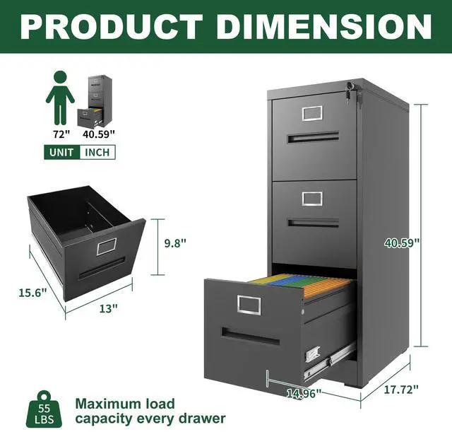 Alt view image 3 of 7 - 3 Drawer File Cabinet with Lock Metal Vertical File Cabinet Office Home, A4 Legal/Letter Size Narrow File Cabinet Locked,Assembly Required