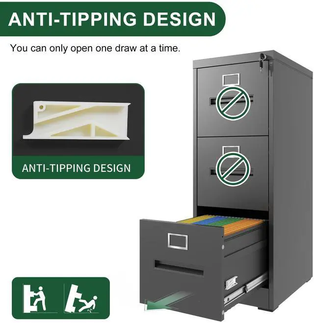 Alt view image 6 of 7 - 3 Drawer File Cabinet with Lock Metal Vertical File Cabinet Office Home, A4 Legal/Letter Size Narrow File Cabinet Locked,Assembly Required