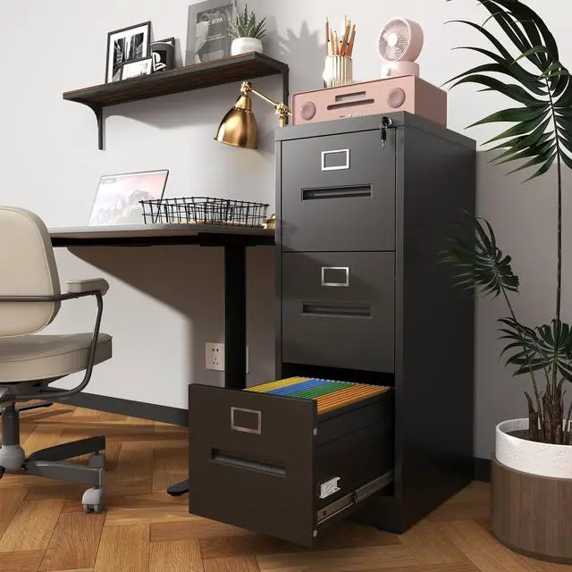 Alt view image 5 of 7 - 3 Drawer File Cabinet with Lock Metal Vertical File Cabinet Office Home, A4 Legal/Letter Size Narrow File Cabinet Locked,Assembly Required