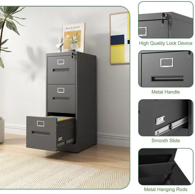 Alt view image 7 of 7 - 3 Drawer File Cabinet with Lock Metal Vertical File Cabinet Office Home, A4 Legal/Letter Size Narrow File Cabinet Locked,Assembly Required