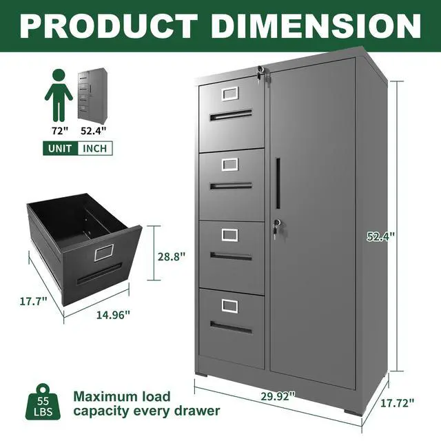 Alt view image 3 of 7 - Metal Storage Vertical Filing Cabinet with Lock, Steel File Locker with 4 Drawers and 1 door for School, Living Room, Bedroom, Office (Black)