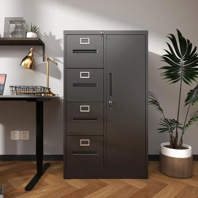 Alt view image 2 of 7 - Metal Storage Vertical Filing Cabinet with Lock, Steel File Locker with 4 Drawers and 1 door for School, Living Room, Bedroom, Office (Black)