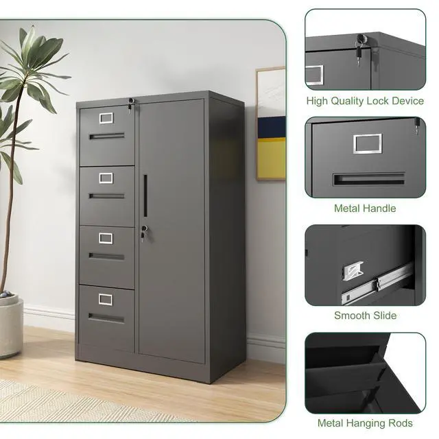 Alt view image 6 of 7 - Metal Storage Vertical Filing Cabinet with Lock, Steel File Locker with 4 Drawers and 1 door for School, Living Room, Bedroom, Office (Black)