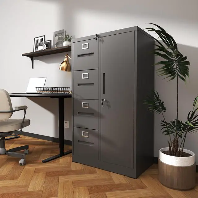 Alt view image 5 of 7 - Metal Storage Vertical Filing Cabinet with Lock, Steel File Locker with 4 Drawers and 1 door for School, Living Room, Bedroom, Office (Black)