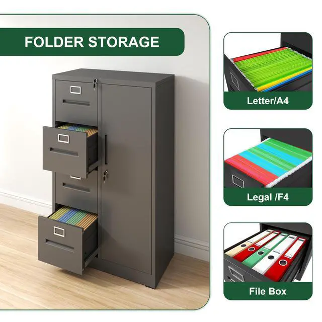 Alt view image 7 of 7 - Metal Storage Vertical Filing Cabinet with Lock, Steel File Locker with 4 Drawers and 1 door for School, Living Room, Bedroom, Office (Black)