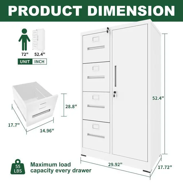 Alt view image 3 of 7 - Metal Storage Vertical Filing Cabinet with Lock, Steel File Locker with 4 Drawers and 1 door for School, Living Room, Bedroom, Office (White)