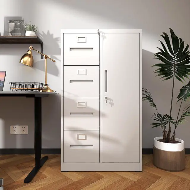 Alt view image 2 of 7 - Metal Storage Vertical Filing Cabinet with Lock, Steel File Locker with 4 Drawers and 1 door for School, Living Room, Bedroom, Office (White)