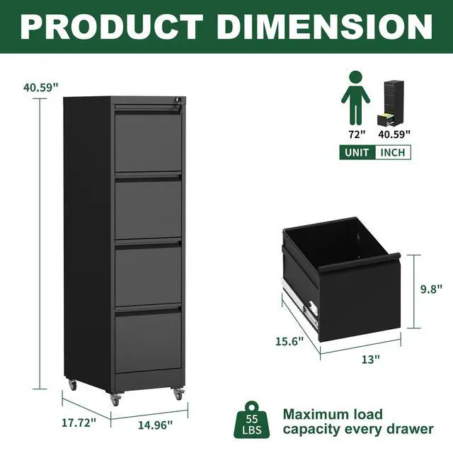 Alt view image 3 of 7 - 4 Drawer Metal Locking Vertical File Cabinet on Wheels Heavy-Duty Lockable Cabinet for Home & Office, Black, 17.71"D*15.16"W*52.28"H,Black