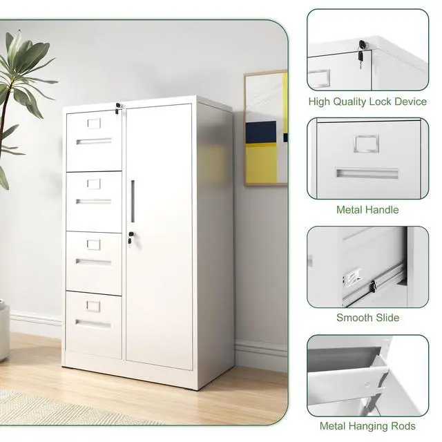 Alt view image 7 of 7 - Metal Storage Vertical Filing Cabinet with Lock, Steel File Locker with 4 Drawers and 1 door for School, Living Room, Bedroom, Office (White)