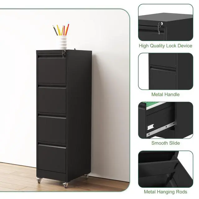 Alt view image 6 of 7 - 4 Drawer Metal Locking Vertical File Cabinet on Wheels Heavy-Duty Lockable Cabinet for Home & Office, Black, 17.71"D*15.16"W*52.28"H,Black