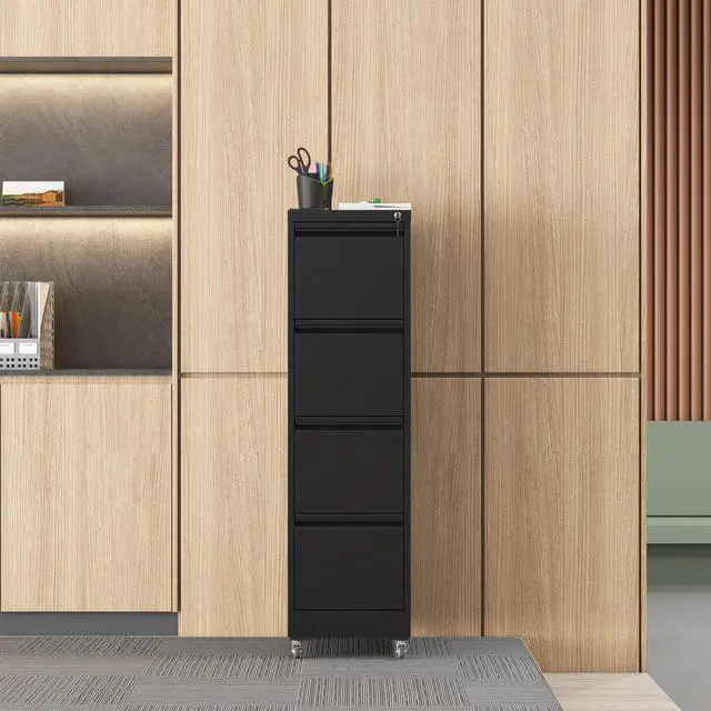Alt view image 2 of 7 - 4 Drawer Metal Locking Vertical File Cabinet on Wheels Heavy-Duty Lockable Cabinet for Home & Office, Black, 17.71"D*15.16"W*52.28"H,Black