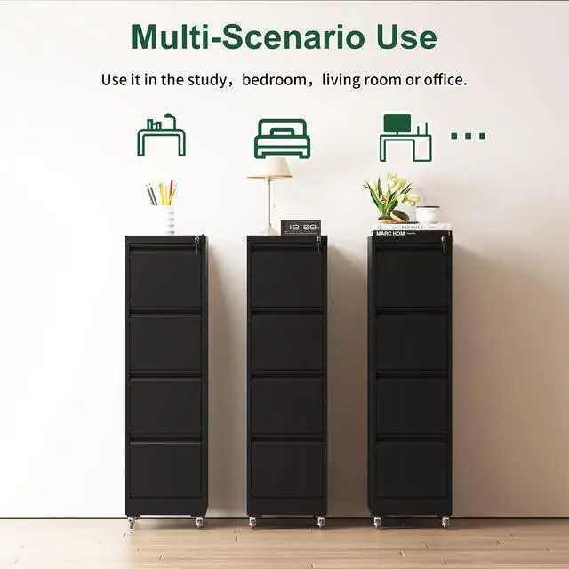 Alt view image 5 of 7 - 4 Drawer Metal Locking Vertical File Cabinet on Wheels Heavy-Duty Lockable Cabinet for Home & Office, Black, 17.71"D*15.16"W*52.28"H,Black