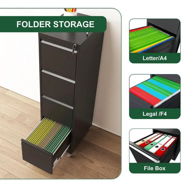 Alt view image 7 of 7 - 4 Drawer Metal Locking Vertical File Cabinet on Wheels Heavy-Duty Lockable Cabinet for Home & Office, Black, 17.71"D*15.16"W*52.28"H,Black