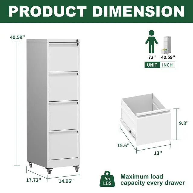 Alt view image 3 of 7 - 4 Drawer Metal Locking Vertical File Cabinet on Wheels Heavy-Duty Lockable Cabinet for Home & Office, Black, 17.71"D*15.16"W*52.28"H,White