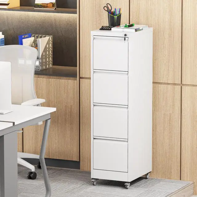 Alt view image 2 of 7 - 4 Drawer Metal Locking Vertical File Cabinet on Wheels Heavy-Duty Lockable Cabinet for Home & Office, Black, 17.71"D*15.16"W*52.28"H,White