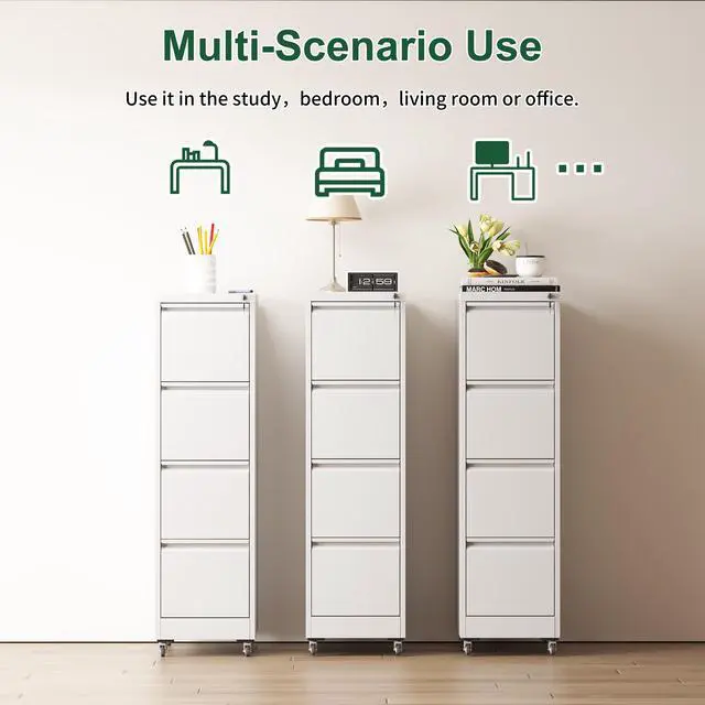 Alt view image 5 of 7 - 4 Drawer Metal Locking Vertical File Cabinet on Wheels Heavy-Duty Lockable Cabinet for Home & Office, Black, 17.71"D*15.16"W*52.28"H,White