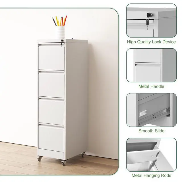 Alt view image 4 of 7 - 4 Drawer Metal Locking Vertical File Cabinet on Wheels Heavy-Duty Lockable Cabinet for Home & Office, Black, 17.71"D*15.16"W*52.28"H,White