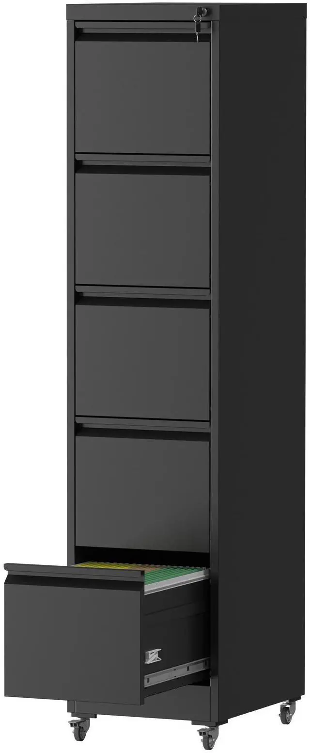 Main image of 5 Drawer Metal Vertical File Cabinet with Lock on Wheels for Home Office,Heavy Duty Metal Storage Cabinet for A4/Letter/Legal Size Files, Black, 17.71"D*15.16"W*64.17"H