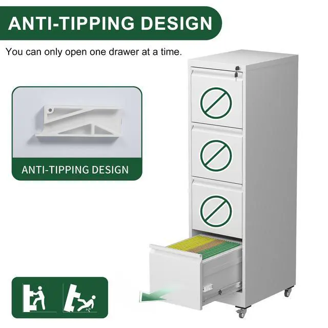 Alt view image 7 of 7 - 4 Drawer Metal Locking Vertical File Cabinet on Wheels Heavy-Duty Lockable Cabinet for Home & Office, Black, 17.71"D*15.16"W*52.28"H,White