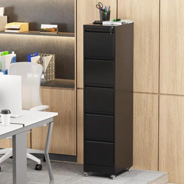 Alt view image 2 of 7 - 5 Drawer Metal Vertical File Cabinet with Lock on Wheels for Home Office,Heavy Duty Metal Storage Cabinet for A4/Letter/Legal Size Files, Black, 17.71"D*15.16"W*64.17"H