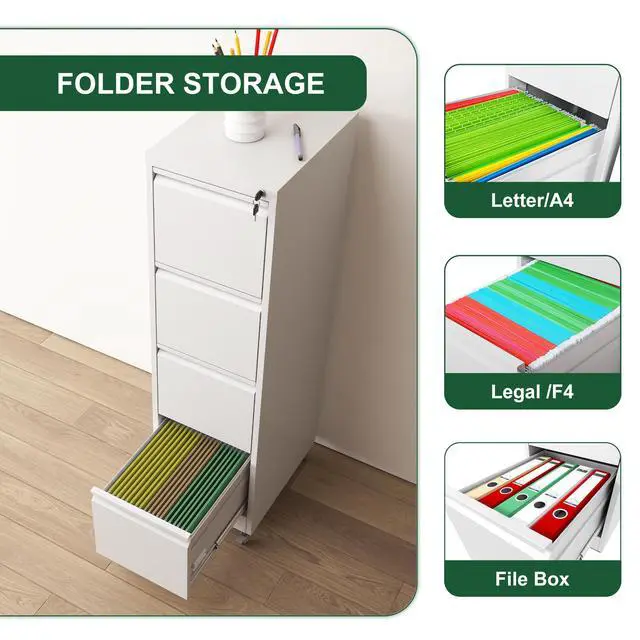Alt view image 6 of 7 - 4 Drawer Metal Locking Vertical File Cabinet on Wheels Heavy-Duty Lockable Cabinet for Home & Office, Black, 17.71"D*15.16"W*52.28"H,White