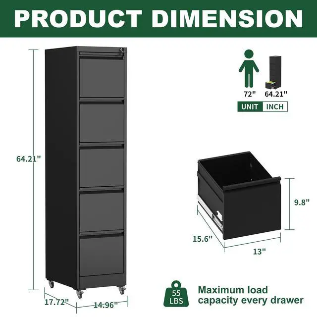 Alt view image 3 of 7 - 5 Drawer Metal Vertical File Cabinet with Lock on Wheels for Home Office,Heavy Duty Metal Storage Cabinet for A4/Letter/Legal Size Files, Black, 17.71"D*15.16"W*64.17"H