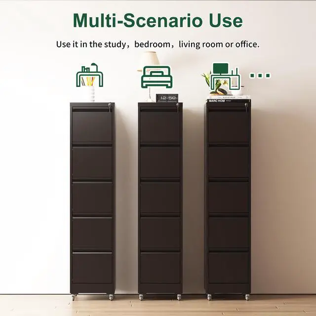 Alt view image 4 of 7 - 5 Drawer Metal Vertical File Cabinet with Lock on Wheels for Home Office,Heavy Duty Metal Storage Cabinet for A4/Letter/Legal Size Files, Black, 17.71"D*15.16"W*64.17"H