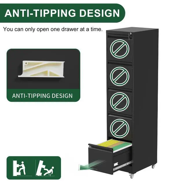 Alt view image 7 of 7 - 5 Drawer Metal Vertical File Cabinet with Lock on Wheels for Home Office,Heavy Duty Metal Storage Cabinet for A4/Letter/Legal Size Files, Black, 17.71"D*15.16"W*64.17"H