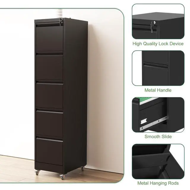 Alt view image 5 of 7 - 5 Drawer Metal Vertical File Cabinet with Lock on Wheels for Home Office,Heavy Duty Metal Storage Cabinet for A4/Letter/Legal Size Files, Black, 17.71"D*15.16"W*64.17"H