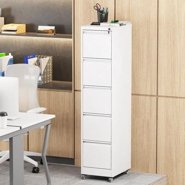 Alt view image 2 of 7 - 5 Drawer Metal Vertical File Cabinet with Lock on Wheels for Home Office,Heavy Duty Metal Storage Cabinet for A4/Letter/Legal Size Files, White, 17.71"D*15.16"W*64.17"H