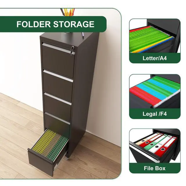 Alt view image 6 of 7 - 5 Drawer Metal Vertical File Cabinet with Lock on Wheels for Home Office,Heavy Duty Metal Storage Cabinet for A4/Letter/Legal Size Files, Black, 17.71"D*15.16"W*64.17"H