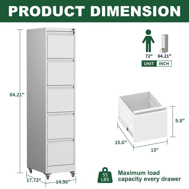 Alt view image 3 of 7 - 5 Drawer Metal Vertical File Cabinet with Lock on Wheels for Home Office,Heavy Duty Metal Storage Cabinet for A4/Letter/Legal Size Files, White, 17.71"D*15.16"W*64.17"H