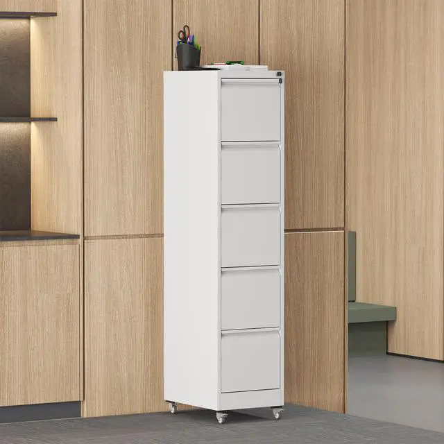Alt view image 4 of 7 - 5 Drawer Metal Vertical File Cabinet with Lock on Wheels for Home Office,Heavy Duty Metal Storage Cabinet for A4/Letter/Legal Size Files, White, 17.71"D*15.16"W*64.17"H