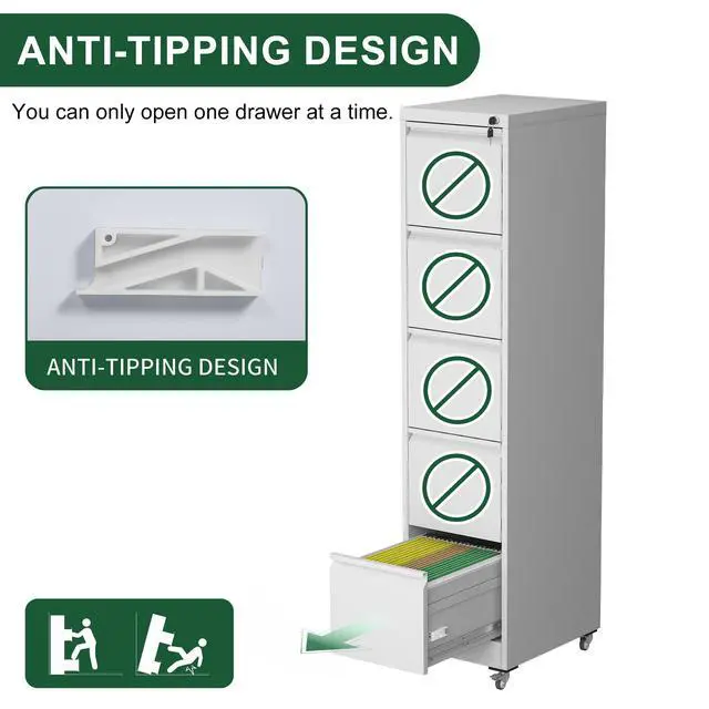Alt view image 5 of 7 - 5 Drawer Metal Vertical File Cabinet with Lock on Wheels for Home Office,Heavy Duty Metal Storage Cabinet for A4/Letter/Legal Size Files, White, 17.71"D*15.16"W*64.17"H