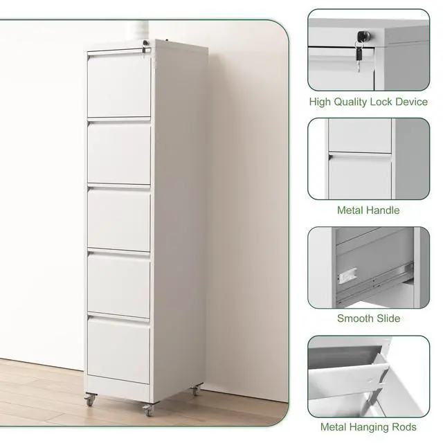 Alt view image 6 of 7 - 5 Drawer Metal Vertical File Cabinet with Lock on Wheels for Home Office,Heavy Duty Metal Storage Cabinet for A4/Letter/Legal Size Files, White, 17.71"D*15.16"W*64.17"H