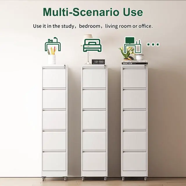 Alt view image 7 of 7 - 5 Drawer Metal Vertical File Cabinet with Lock on Wheels for Home Office,Heavy Duty Metal Storage Cabinet for A4/Letter/Legal Size Files, White, 17.71"D*15.16"W*64.17"H