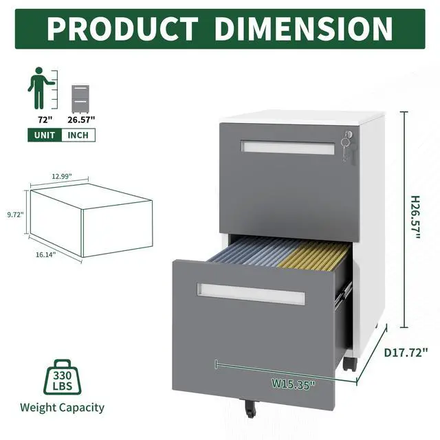Alt view image 3 of 7 - 2-Drawer Mobile File Cabinet with Lock, All-Steel Metal Storage Cabinet on 360° Wheels, for Home Office & Commercial Use, Fully Assembled, Holds A4/Letter/Legal Files, 110lbs/Drawer Capacity